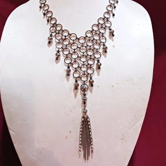 Handmade Gunmetal Rings Black Hematite Bead Bib Statement Necklace Tassel Fringe - Picture 3 of 12